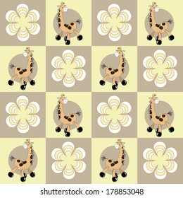 Seamless pattern with giraffes and flowers in the squares