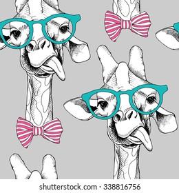 Seamless pattern with giraffes in the glasses and with bow. Vector illustration.