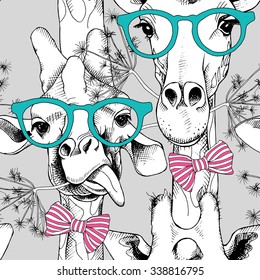 Seamless pattern with giraffes in the glasses and with bow. Vector illustration.