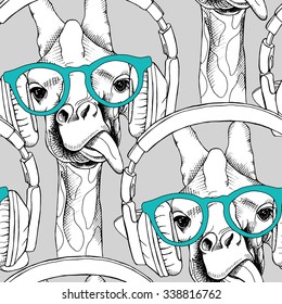 Seamless pattern with giraffes in the glasses and with headphones. Vector illustration.
