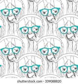 Seamless pattern with giraffes in the glasses and with headphones. Vector illustration.