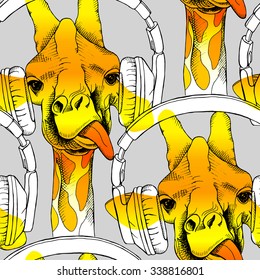 Seamless pattern with giraffes in the headphones. Vector illustration.