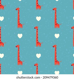 Seamless pattern with giraffes and hearts. Cartoon vector background.
