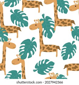 Patrón sin foco con jirafas, hojas de monstera sobre fondo blanco. Idóneo para tejidos, textiles, ilustraciones vectoriales.