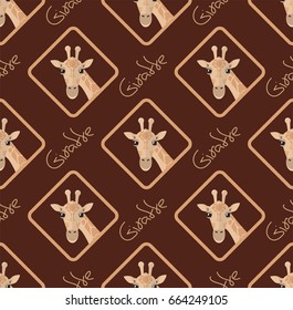 Seamless pattern with giraffes on a brown chocolate background head and signature
