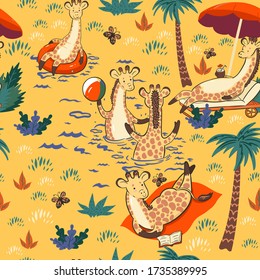 Seamless pattern with giraffes on vacation. Vector graphics.