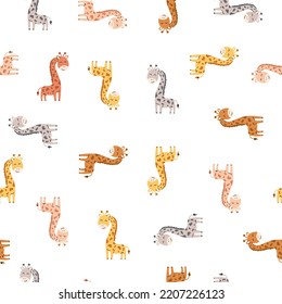 Seamless Pattern with giraffes on white background. Vector trendy scandinavian background. Safari childish seamless pattern with giraffes