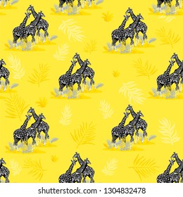 Seamless pattern with giraffes and plants. Creative texture. Great for fabric, textile Vector Illustration 