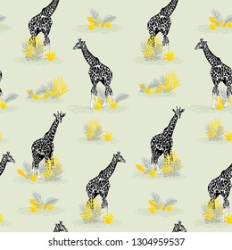 Seamless pattern with giraffes and plants. Creative texture. Great for fabric, textile Vector Illustration 