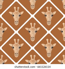 Seamless pattern with giraffes rhombuses on beige background head