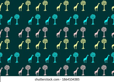 Seamless pattern with giraffes and trees in black background, vector, eps 10.