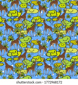 Seamless pattern of giraffes, trees, grass. Vector stock illustration eps 10. Bedding pattern