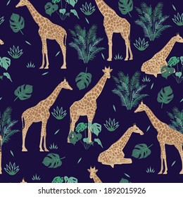 Seamless pattern with giraffes and tropical leaves. Vector graphics.