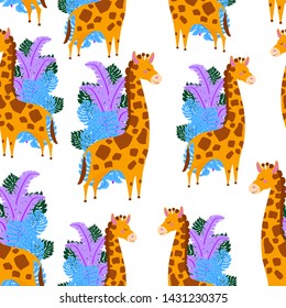 seamless pattern, giraffes ,vector,cartoon style, on white background