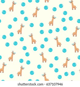 Seamless pattern with giraffes wearing glasses and blue balls for babies Colorful cute vector seamless pattern for wrapping paper, fabric or wallpapers.