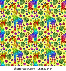 Seamless pattern with giraffs, bright rainbow animals, flowers and leaves on a yellow background