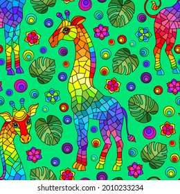 Patrón sin soldadura con jirafas, animales de arco iris brillante, flores y hojas sobre un fondo verde