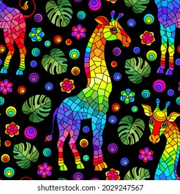 Seamless pattern with giraffs, bright rainbow animals, flowers and leaves on a dark background