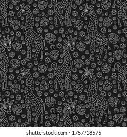 Seamless pattern with giraffs, contour animals, flowers and leaves, light  outlines on a dark background
