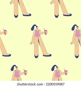 Seamless pattern girl in a bathing suit with a glass in her hand. Vector illustration