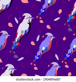Seamless pattern for a girl. Beautiful colored birds on a lilac background. Feathers and curls. Red and blue.
