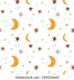 Seamless pattern  for girl or boy with moons and stars. Childish pattern with crescent moon. Print for newborn girl or boy. Nursery print for textile, fabric, clothing, apparel, wrapping paper