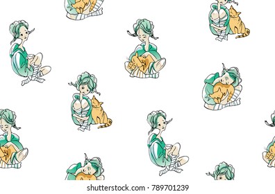 Seamless pattern of girl with cat. Illustration made in cartoon style.