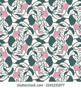 Seamless pattern with a girl and a cat. Vector illustration in doodle style.