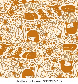 Seamless pattern with a girl and a cat. Vector illustration in cartoon style.