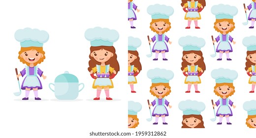 Seamless pattern girl Chef with Ladle, saucepan and cute little girl chef holds a cupcakes on the tray.