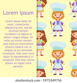 Seamless pattern girl Chef with Ladle, saucepan and cute little girl chef holds a cupcakes on the tray. Vector illustration