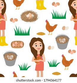 Seamless pattern girl and chicken chick nest eggs grass vector illustration
