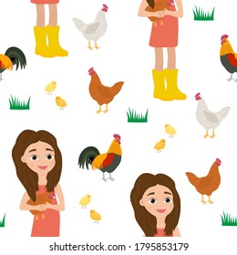 Seamless pattern girl and chicken chick nest eggs grass vector illustration