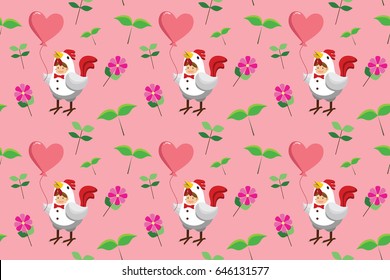 seamless pattern. a girl in chicken costume holding heart balloon on pink background. Vector