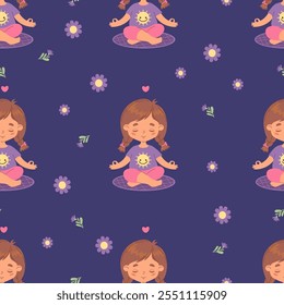 Seamless pattern with girl child with braids hairstyle meditating on dark blue Future Dusk background with flowers. Mental health, hobby, wellness. Vector illustration in flat style. Kids collection