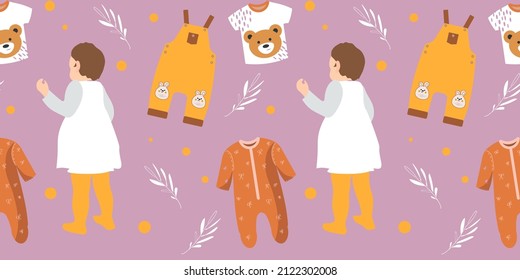 Seamless pattern. The girl chooses clothes. The child chooses an outfit. Baby clothes