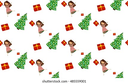 Seamless pattern with  girl, christmas three and gift. Vector illustration.