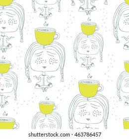 Seamless pattern with girl and cup of coffee. Meditation. Doodle. Vector Illustration. 