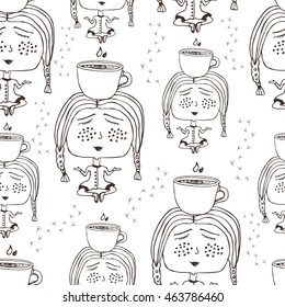 Seamless pattern with girl and cup of coffee. Meditation. Doodle. Vector Illustration. Black and white