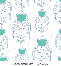 Seamless pattern with girl and cup of coffee. Meditation. Doodle. Vector Illustration. 