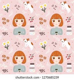 Seamless pattern girl and cute element on pink background.