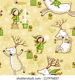 Seamless Pattern  with girl and deer. Christmas pattern .New Year.Winter. Deer.