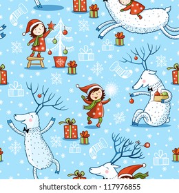 Seamless Pattern  with girl and deer. Christmas pattern .New Year.Winter.