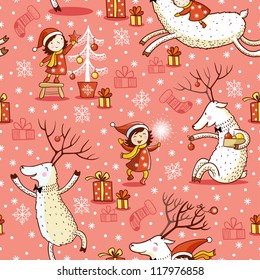 Seamless Pattern  with girl and deer. Christmas pattern .New Year.Winter.