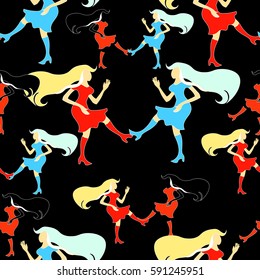 seamless pattern Girl disco dancing  figure  on black vector illustration