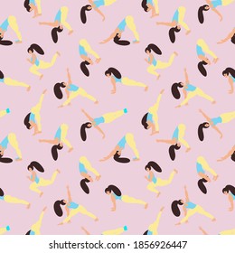 Seamless pattern girl doing yoga. Sports, training. The concept of a healthy lifestyle. Vector illustration