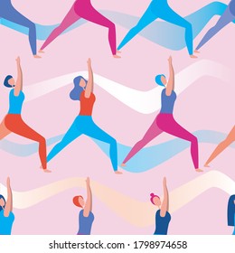 Patrón sin foco con una chica durante el yoga, el asana, el deporte como concepto de flexibilidad, actividad, deporte. Ilustración vectorial plana sin fin con mujeres deportivas lindas como fondo o textura