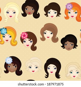 Seamless pattern with girl faces