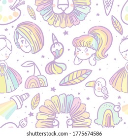 Seamless pattern with girl faces, rainbow mood