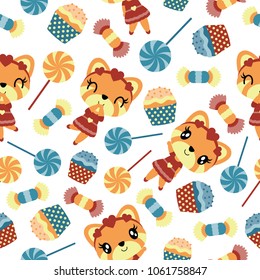 Seamless pattern of girl fox and candies vector cartoon illustration for kid wrapping paper, kid fabric clothes, and wallpaper